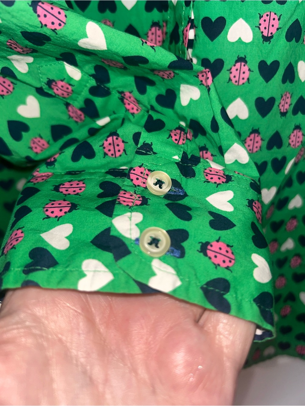 Talbots Green Button-Up Shirt with Pink Ladybug & Navy Hearts - Picture 5 of 9